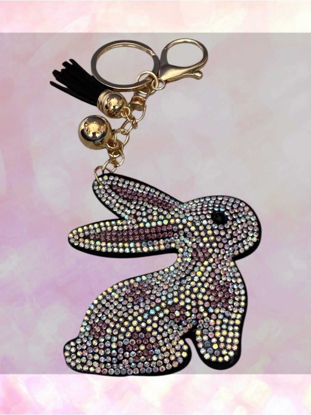 🦄 Rhinestone AB Pink Bunny Puffy Tassel Keychain Bag Charm